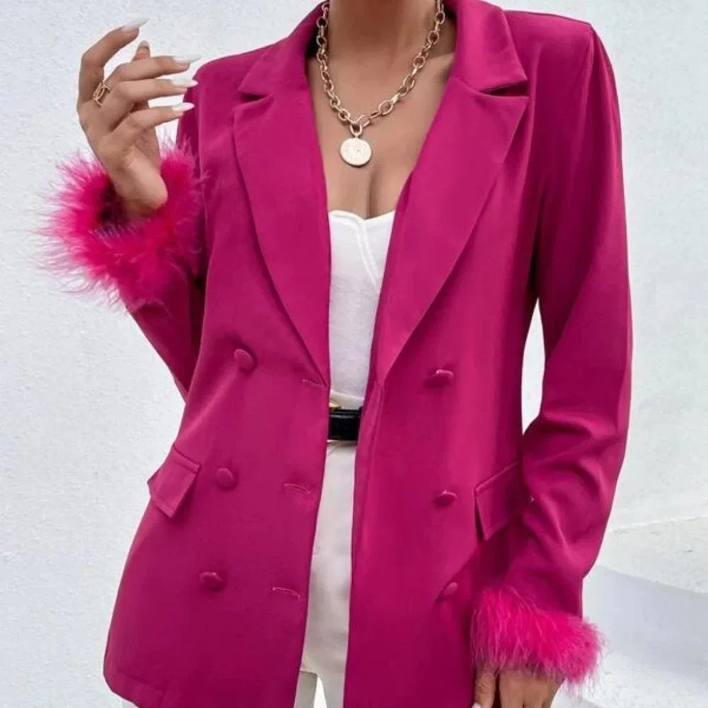 Fuschia Cuff Double Breasted Classic Feather Trimmed Blazer - Picture 6 of 6
